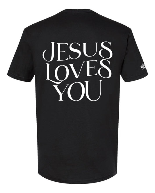 Jesus Loves You Christian T-Shirt – Bold Back Print, Minimal Front Design (Unisex, Black)